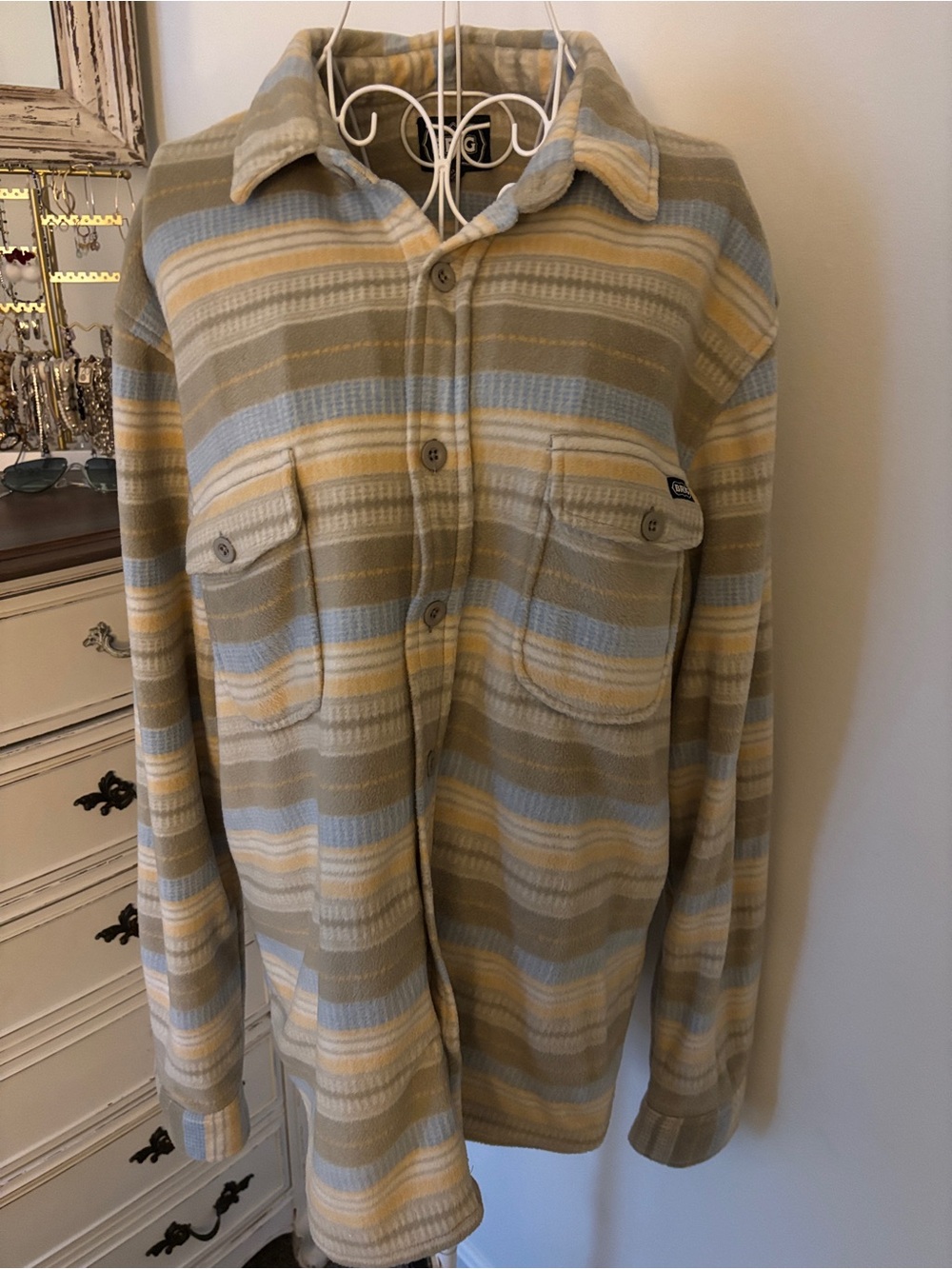 Men's Fleece Lightweight Striped Shirt Jacket in Tan & Light Blue